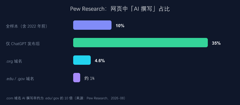 Pew Research:网页中「AI 撰写」占比对比