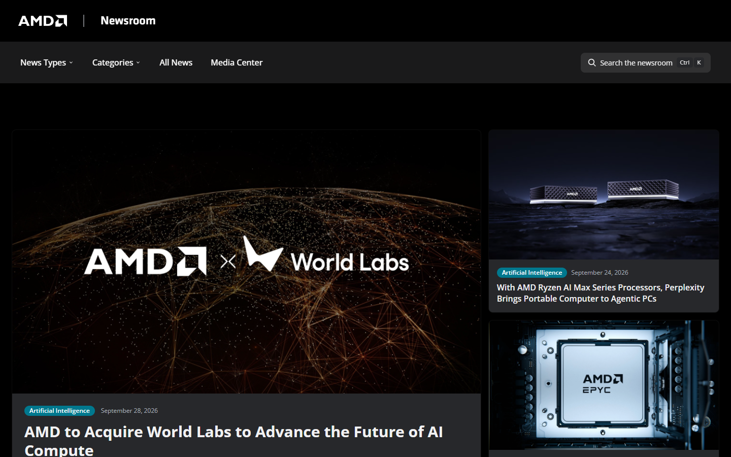 AMD 官方新闻室首页:AMD to Acquire World Labs to Advance the Future of AI Compute