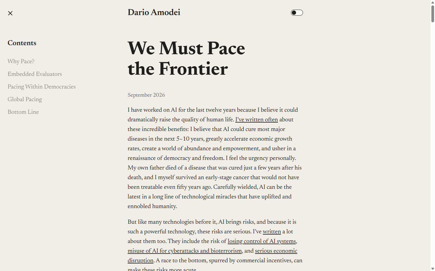 达里奥·阿莫代伊原文《We Must Pace the Frontier》页面(截图来源:darioamodei.com 原文,2026-09)