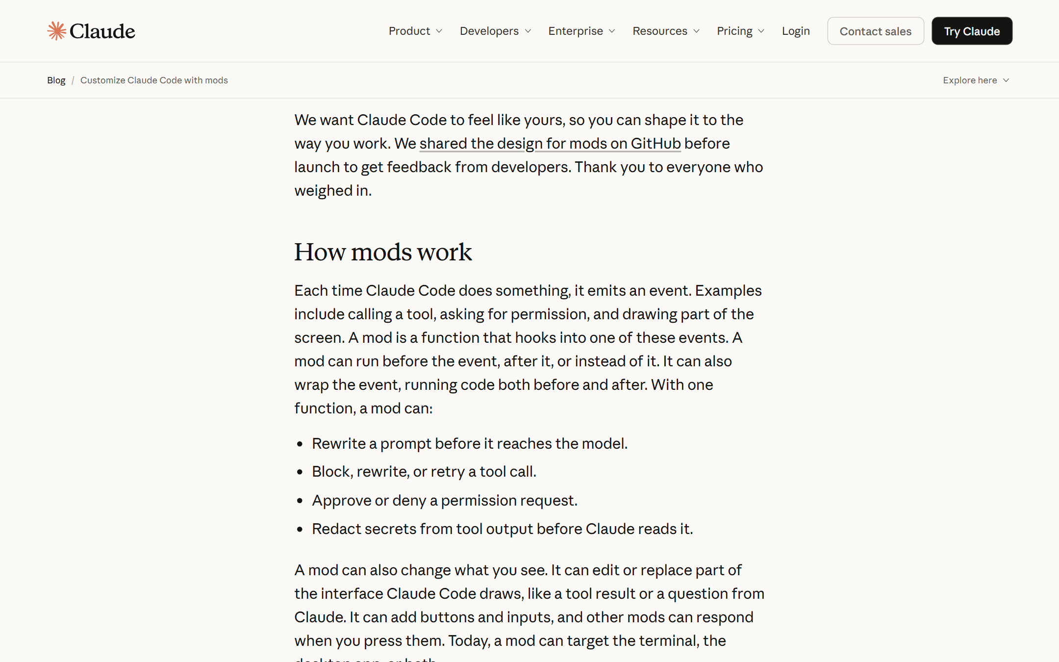 Anthropic 官方博客「How mods work」章节:Mod 能改写提示词、拦截工具调用、审批权限、清洗工具输出