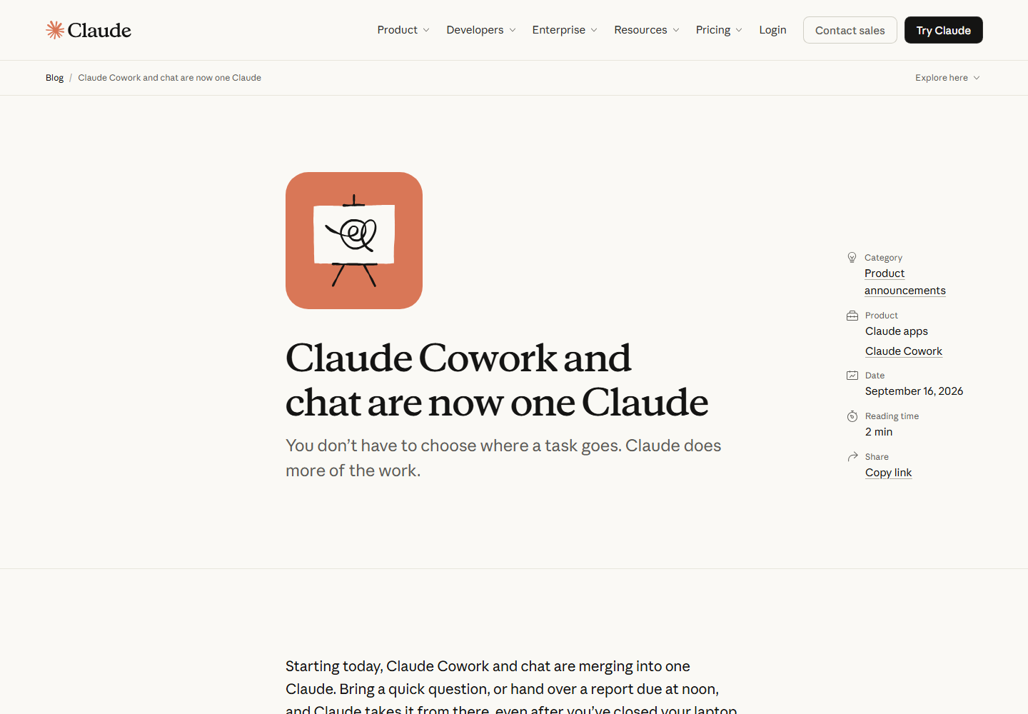 Anthropic 官方博客《Claude Cowork and chat are now one Claude》页面(截图来源:claude.com/blog,2026-09-16)