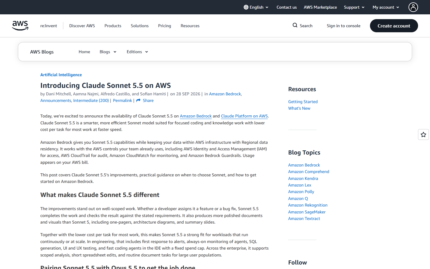 AWS 官方博客:Introducing Claude Sonnet 5.5 on AWS