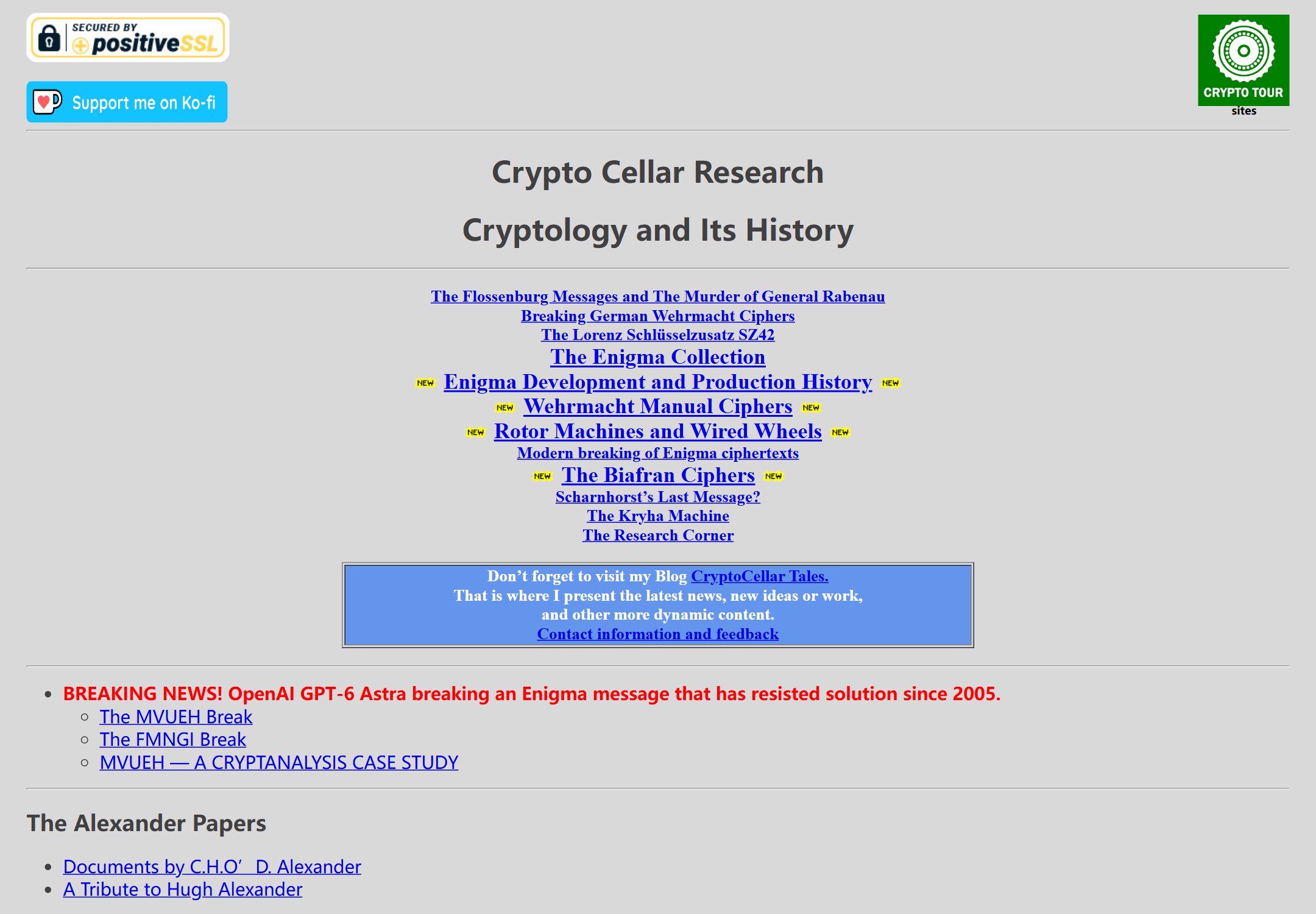 Crypto Cellar 首页的「BREAKING NEWS」条目实拍:OpenAI GPT-6 Astra 破掉一条自 2005 年起无人能解的 Enigma 消息(来源:Crypto Cellar Research)