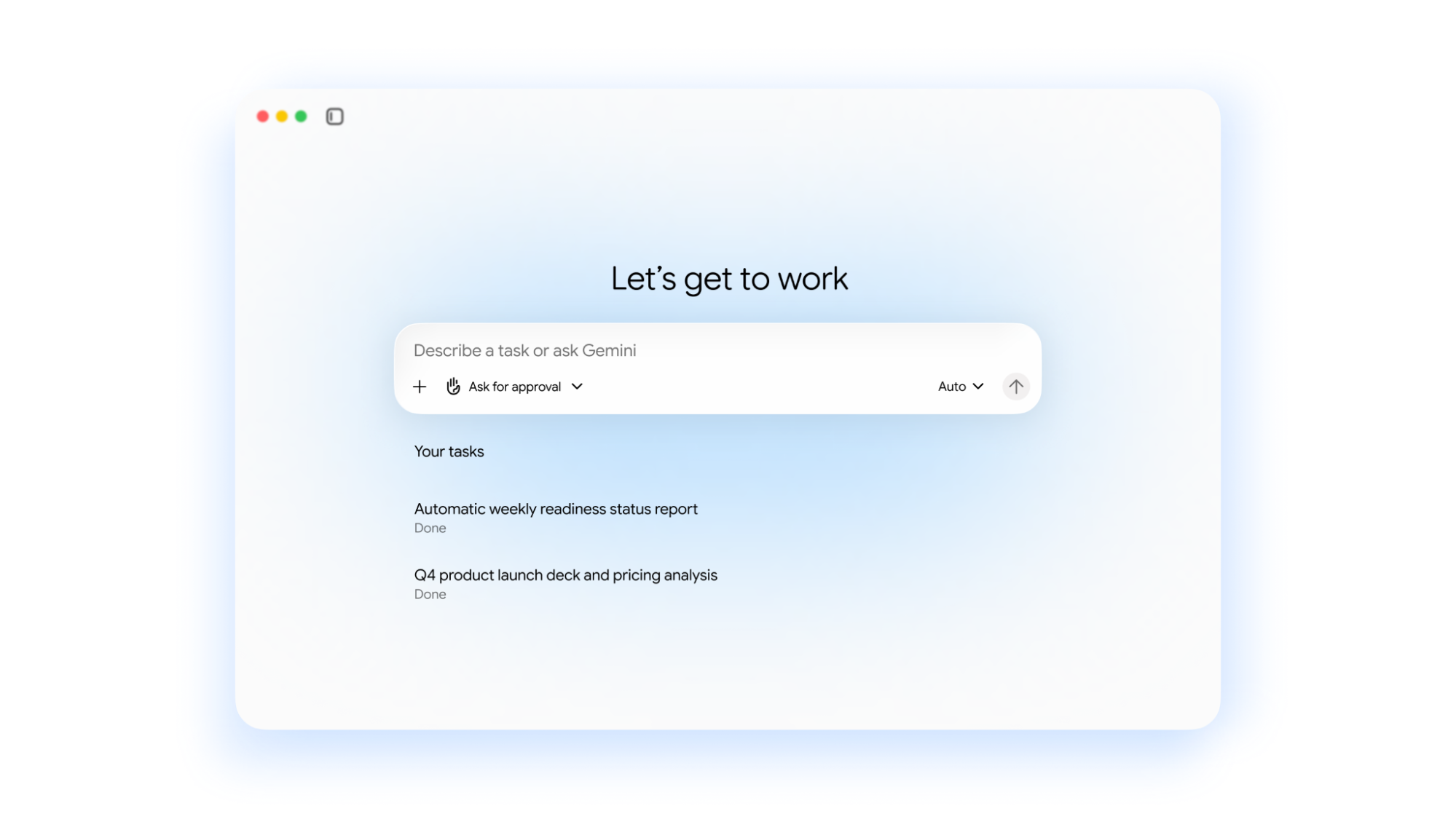 Gemini agent 官方界面:桌面端只有一个「Describe a task or ask Gemini」输入框,下方是「Your tasks」任务列表,已完成的任务排成一列