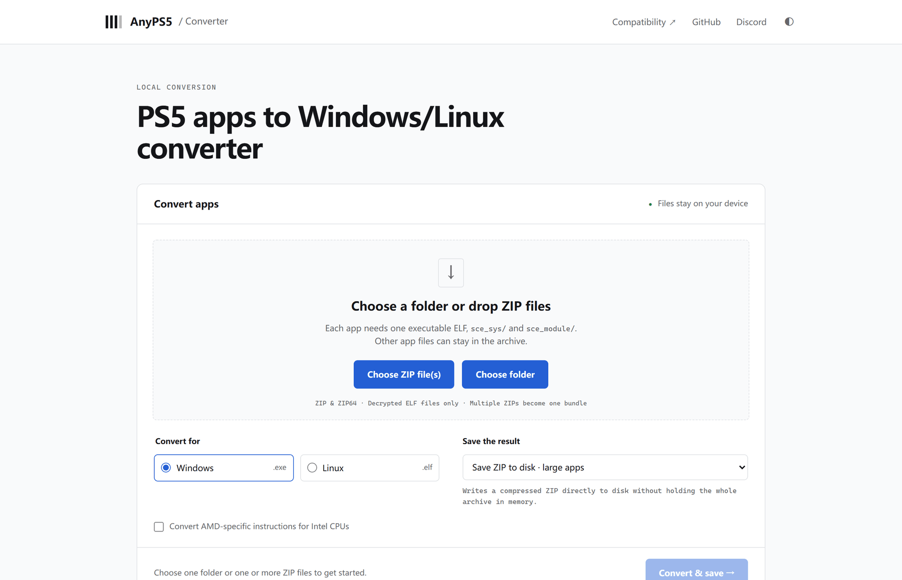 AnyPS5 官方转换器界面(本地转换):拖入 ZIP 或选择文件夹,把 PS5 应用转成 Windows .exe 或 Linux .elf,文件不上传服务器