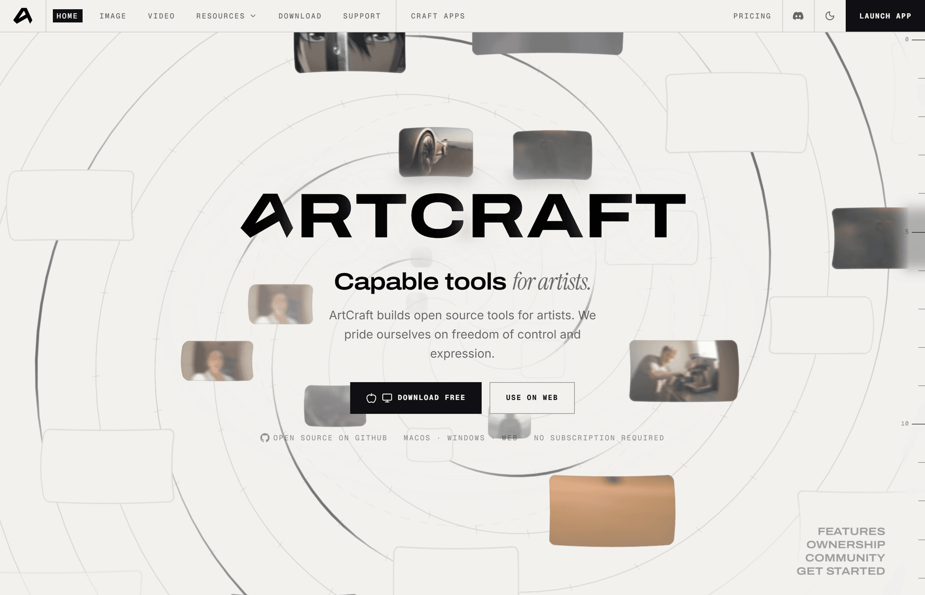 ArtCraft 官网首页:ART CRAFT — Capable tools for artists,页面标注开源在 GitHub、支持 macOS/Windows/Web、无需订阅