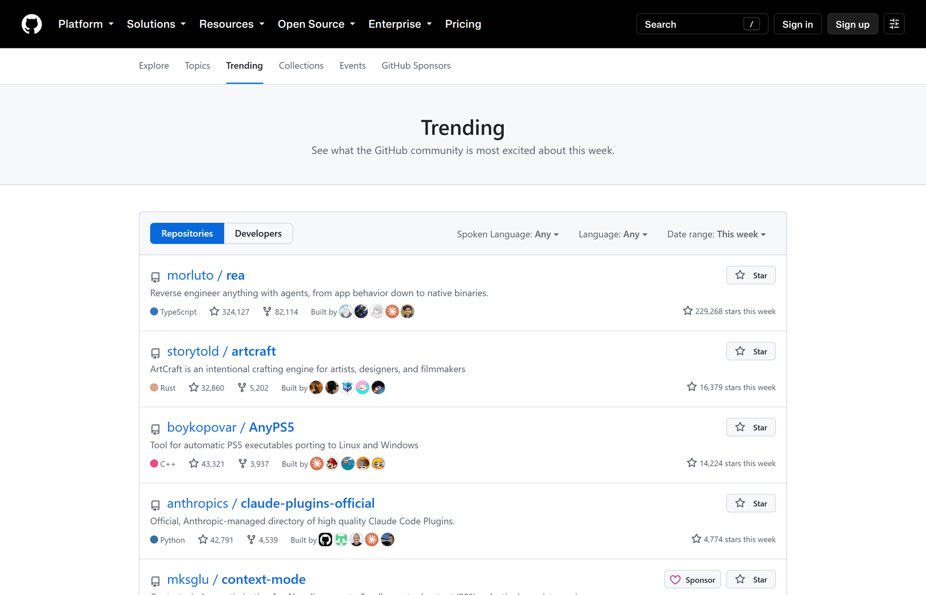 GitHub 官方 Trending 周榜页面:morluto/rea 以 229,268 stars this week 排第一,storytold/artcraft 16,379、boykopovar/AnyPS5 14,224、anthropics/claude-plugins-official 4,774 依次在列