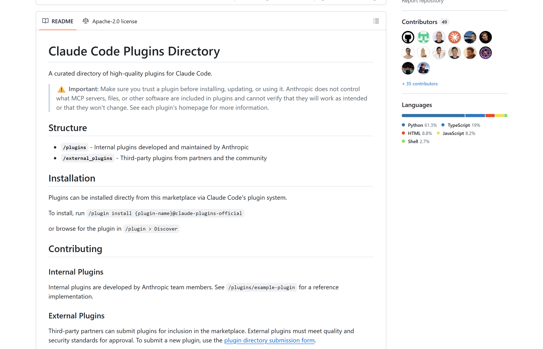 anthropics/claude-plugins-official 仓库 README 顶部