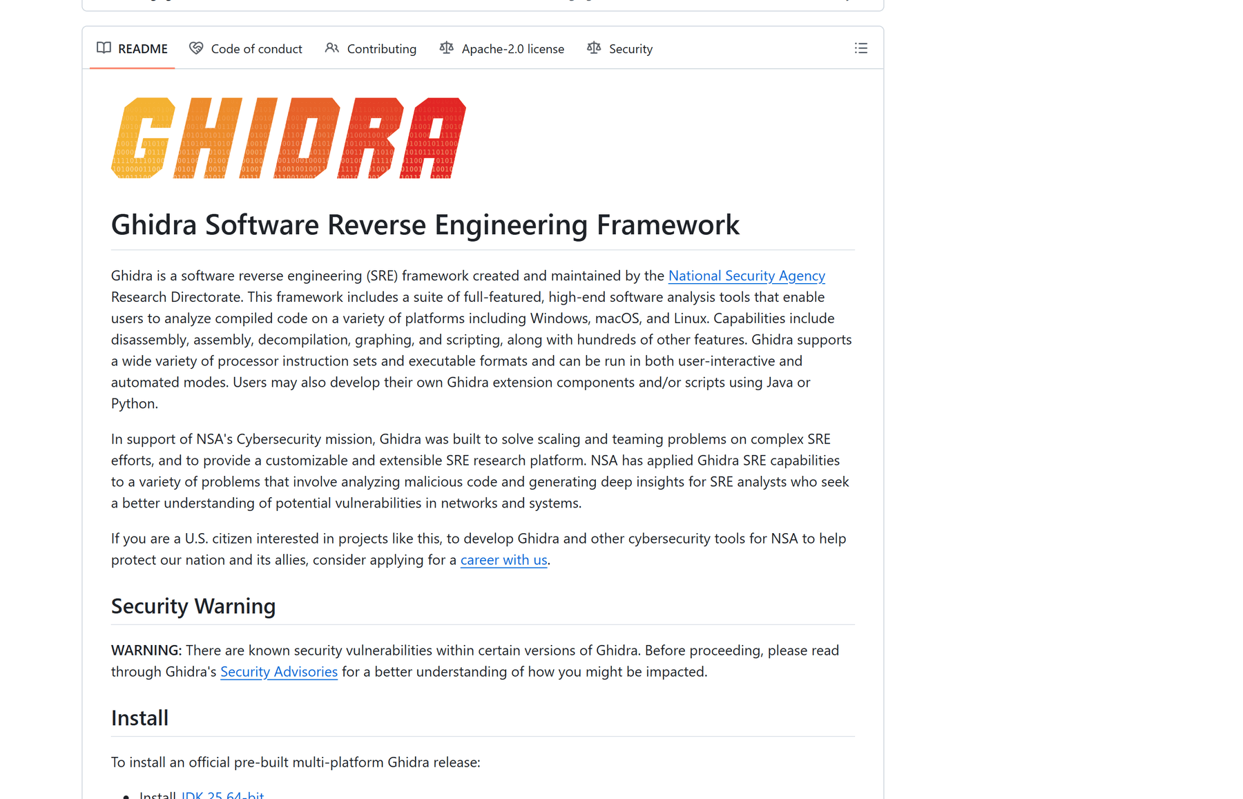NSA 的 Ghidra 仓库 README:GHIDRA 官方 logo,正文写明这是由美国国家安全局研究部门创建和维护的软件逆向工程框架,支持反汇编、反编译、图形化与脚本化