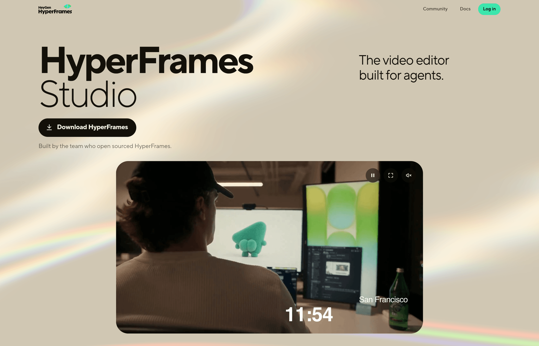 HyperFrames Studio 官网:The video editor built for agents,由开源 HyperFrames 的团队打造,提供 Download 与 Docs