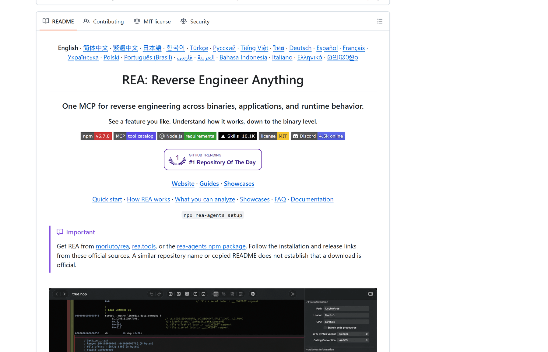 morluto/rea 的 README 顶部:GitHub Trending「#1 Repository Of The Day」徽章、npm v6.7.0、MCP tool catalog、Skills 10.1K、MIT 等真实徽章,下方直接给出 npx rea-agents setup 安装命令与反汇编界面