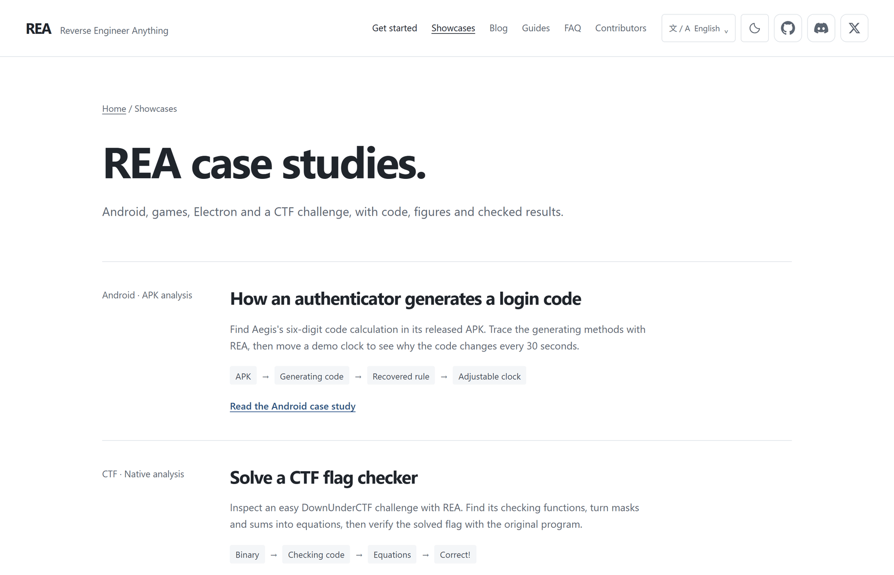 REA 官网的案例库页面:REA case studies —— 用 REA 分析 Android APK 里一次性验证码的生成逻辑、解 DownUnderCTF 的 flag checker,每条都附代码、图表和可复核的结果