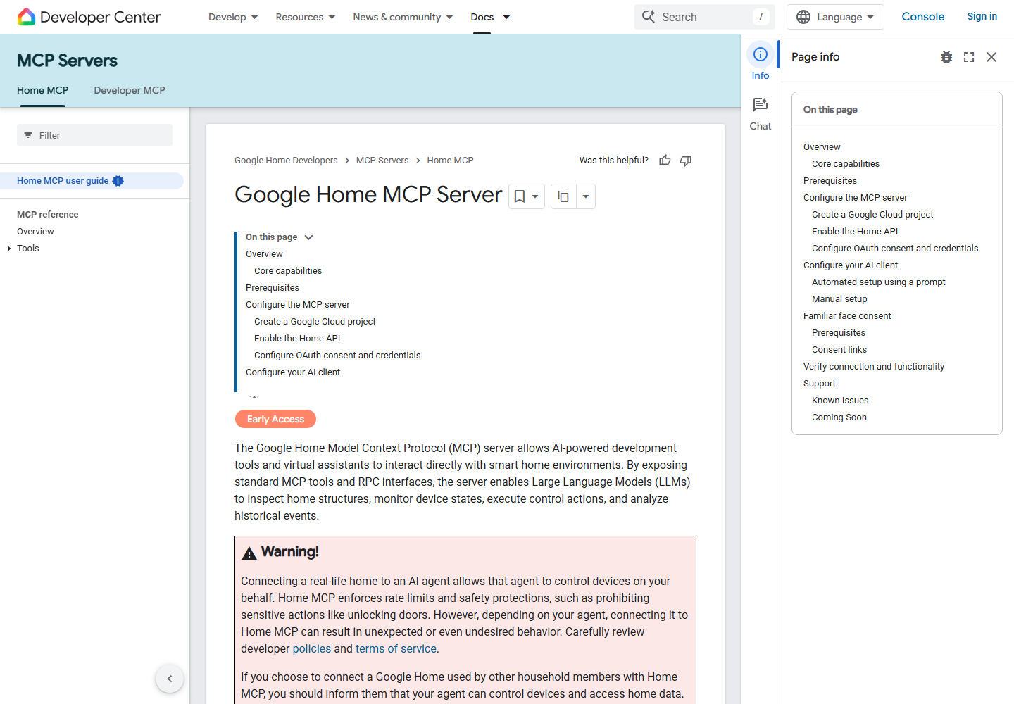 Google Home MCP 官方文档首页,带 Early Access 标记与安全警告(截图来源:developers.home.google.com/mcp/home,2026-09-16)