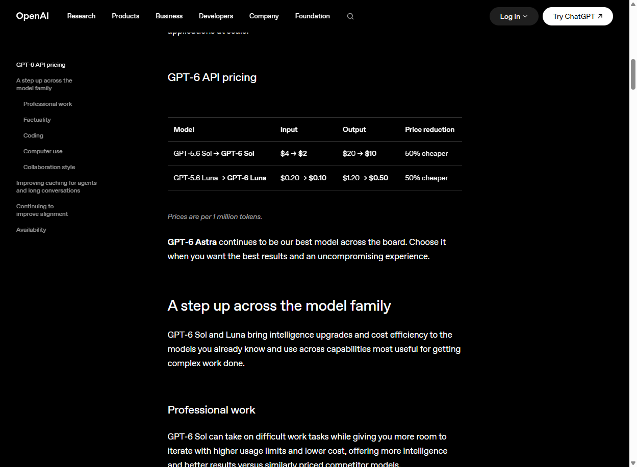OpenAI 官方 GPT-6 定价表(页面截图)