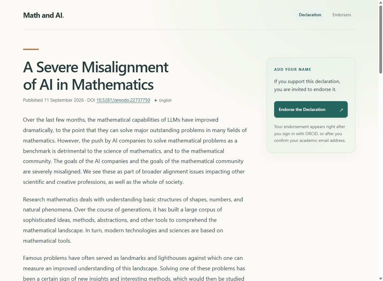 数学界公开声明《A Severe Misalignment of AI in Mathematics》(mathandai.org)