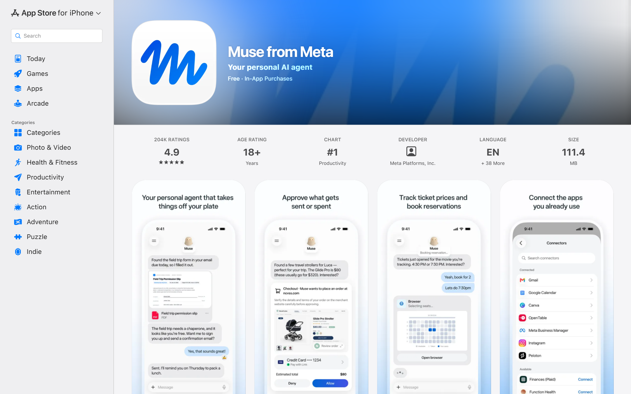 App Store 上「Muse from Meta」的公开数据:4.9 分、约 20.4 万个评分、生产力榜第 1