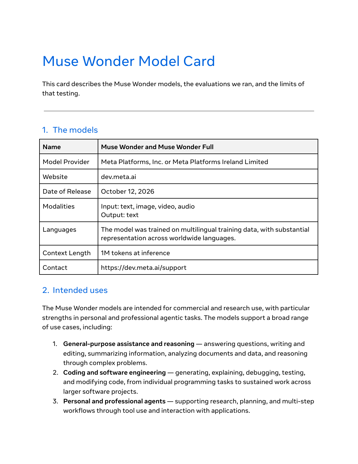 Muse Wonder Model Card 首页:发布日期、模态与上下文