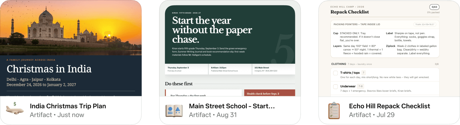 Muse 生成的 Artifacts 示例:追踪表、学习指南、看板这类可直接使用的成品