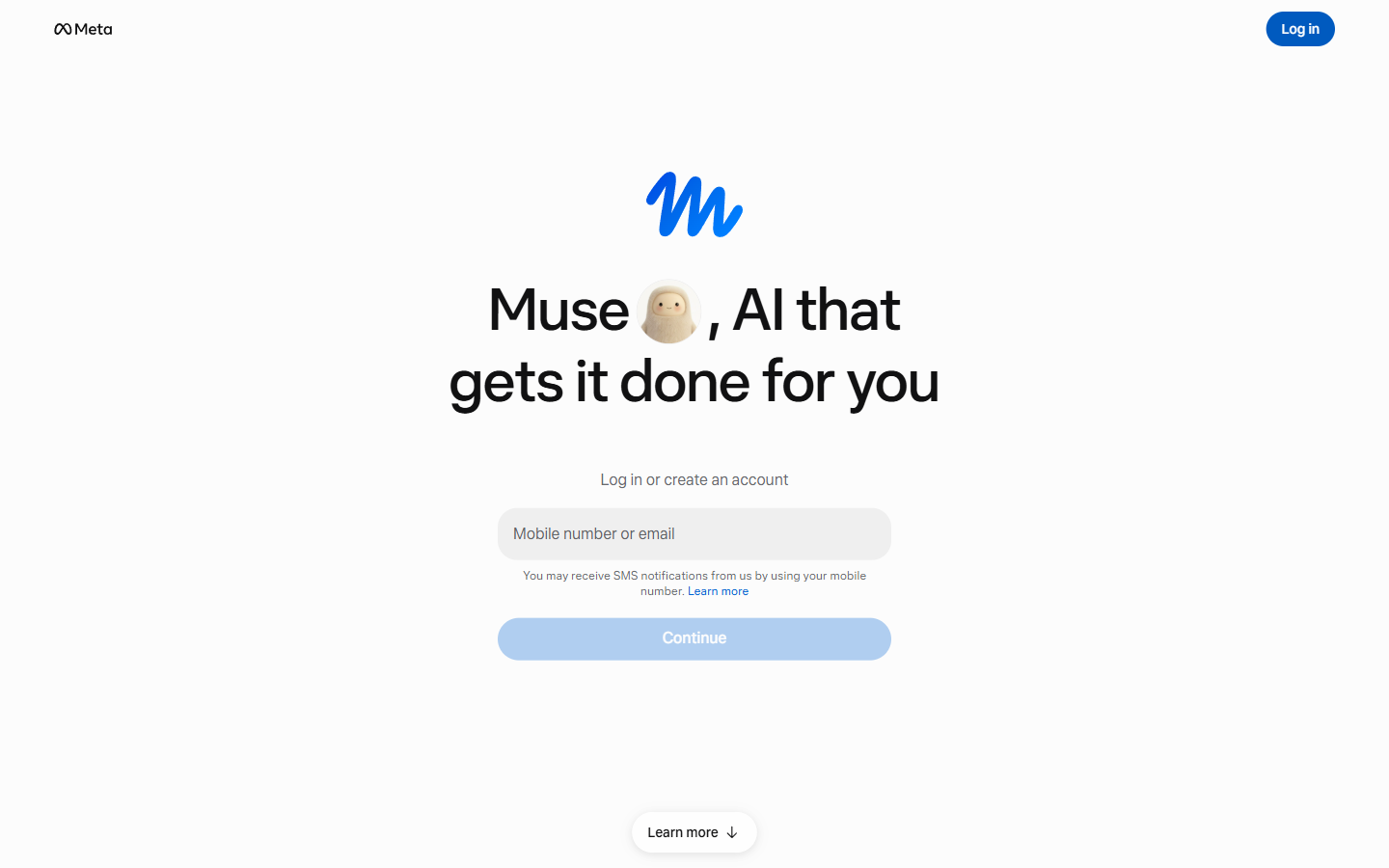Muse 官网 muse.ai 的登录入口:用 Meta 账号或手机号/邮箱建号,网页端与 App 端同一账号