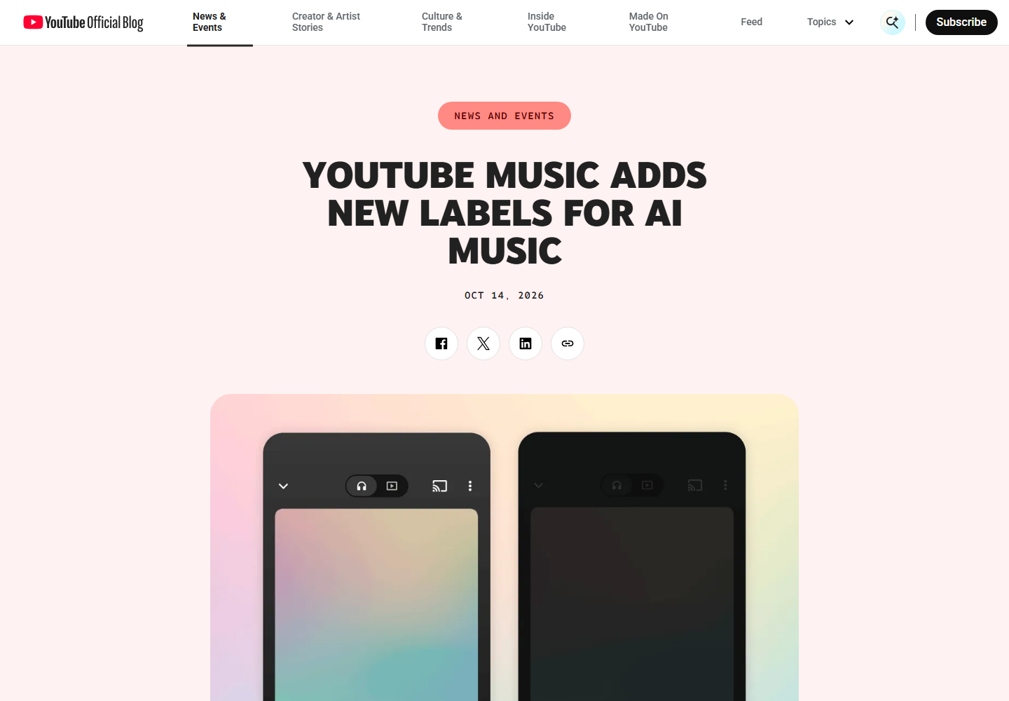 YouTube 官方博客宣布 YouTube Music 上线 AI 标签(2026-10-14)