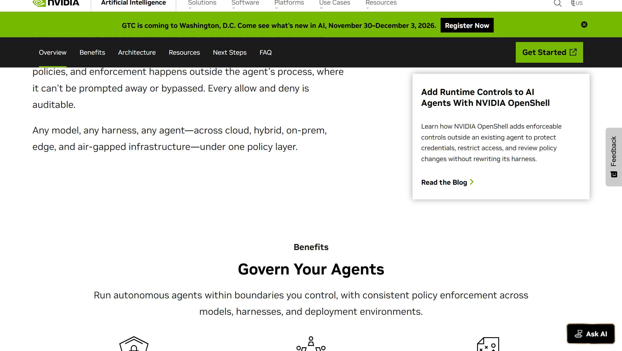 NVIDIA OpenShell 产品页:安全策略在 agent 进程之外执行,不允许被「提示词掉」或绕过