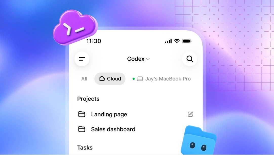 Codex 移动端:可以在 Cloud 与自己的 MacBook Pro 之间切换,项目和任务都在同一个列表里