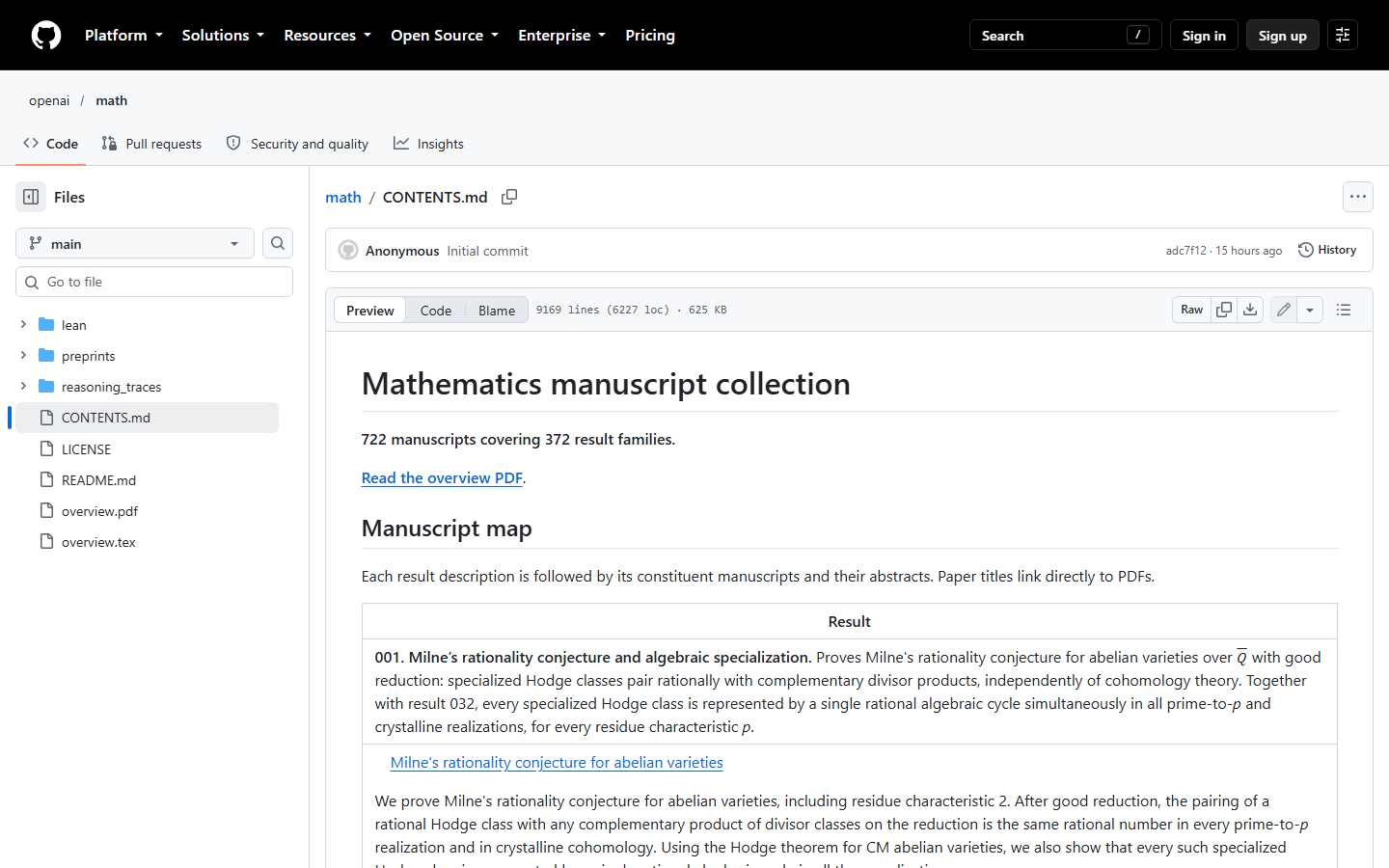 CONTENTS.md 正文:722 manuscripts covering 372 result families,每个结果下列出构成它的手稿与摘要