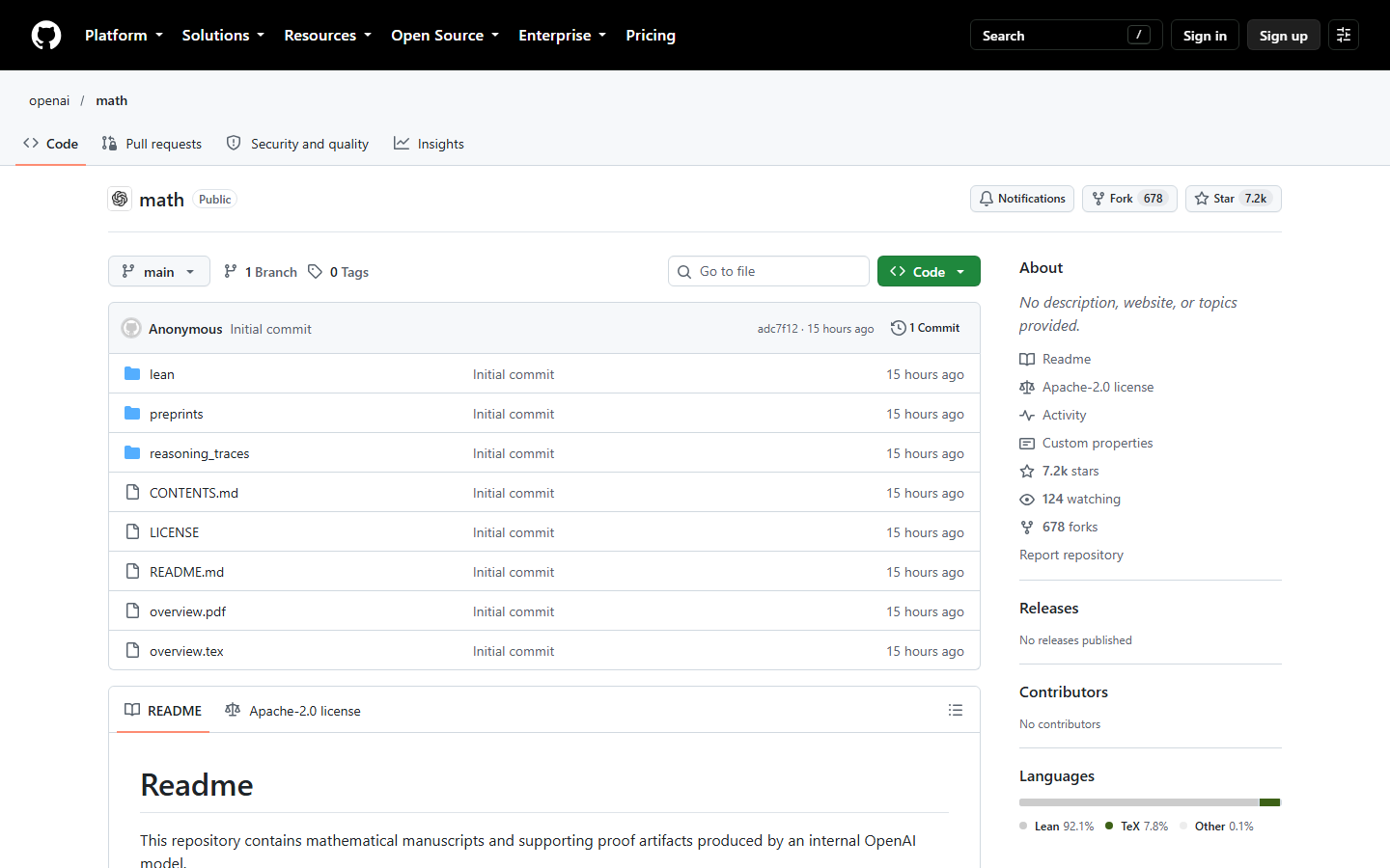 openai/math 仓库首页:Apache-2.0、单次 initial commit、lean / preprints / reasoning_traces 三个目录