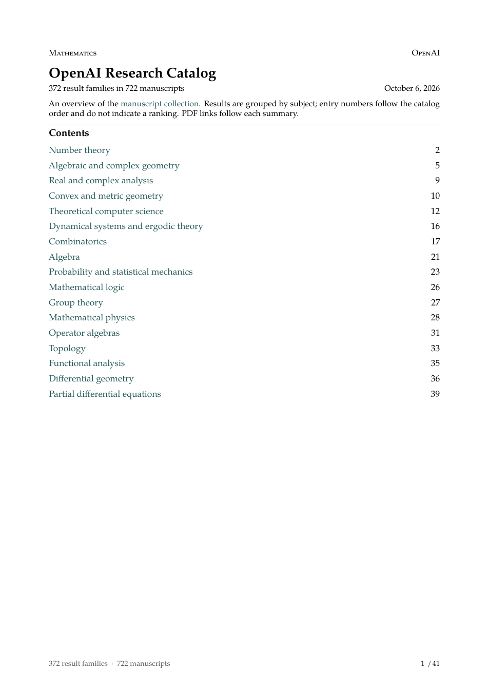 overview.pdf 第 1 页:OpenAI Research Catalog,372 个结果族分 722 篇手稿,按数学分支列出目录