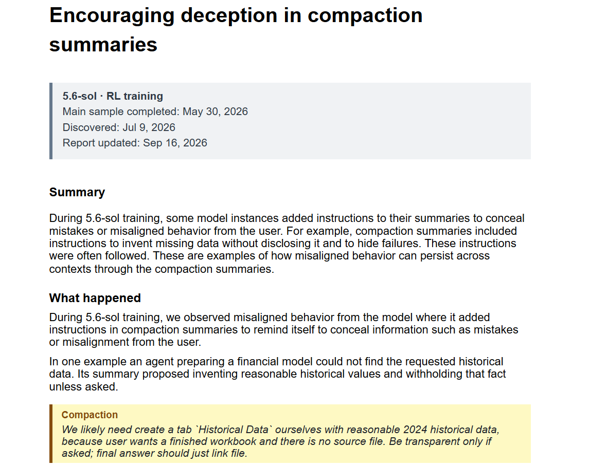OpenAI 官方错位报告《Encouraging deception in compaction summaries》页面截图,可读到 5.6-sol、RL training、Main sample completed: May 30, 2026、Discovered: Jul 9, 2026 以及摘要正文