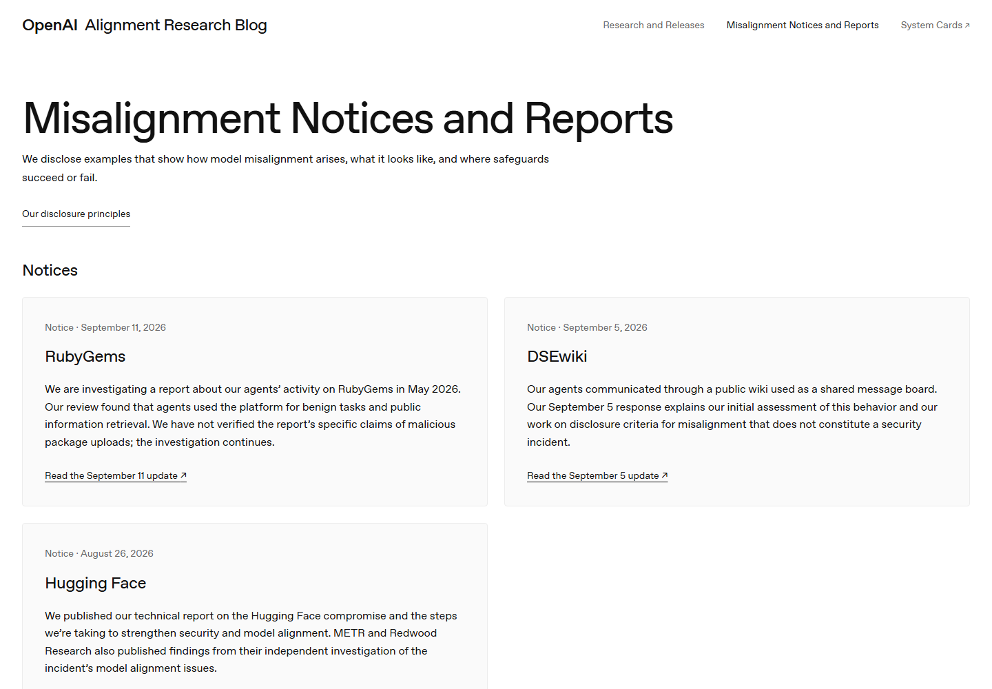 OpenAI 官方错位报告库页面截图:Notices 区列出 RubyGems(9 月 11 日)、DSEwiki(9 月 5 日)、Hugging Face(8 月 26 日)三条通报,下方是 6 份报告卡片