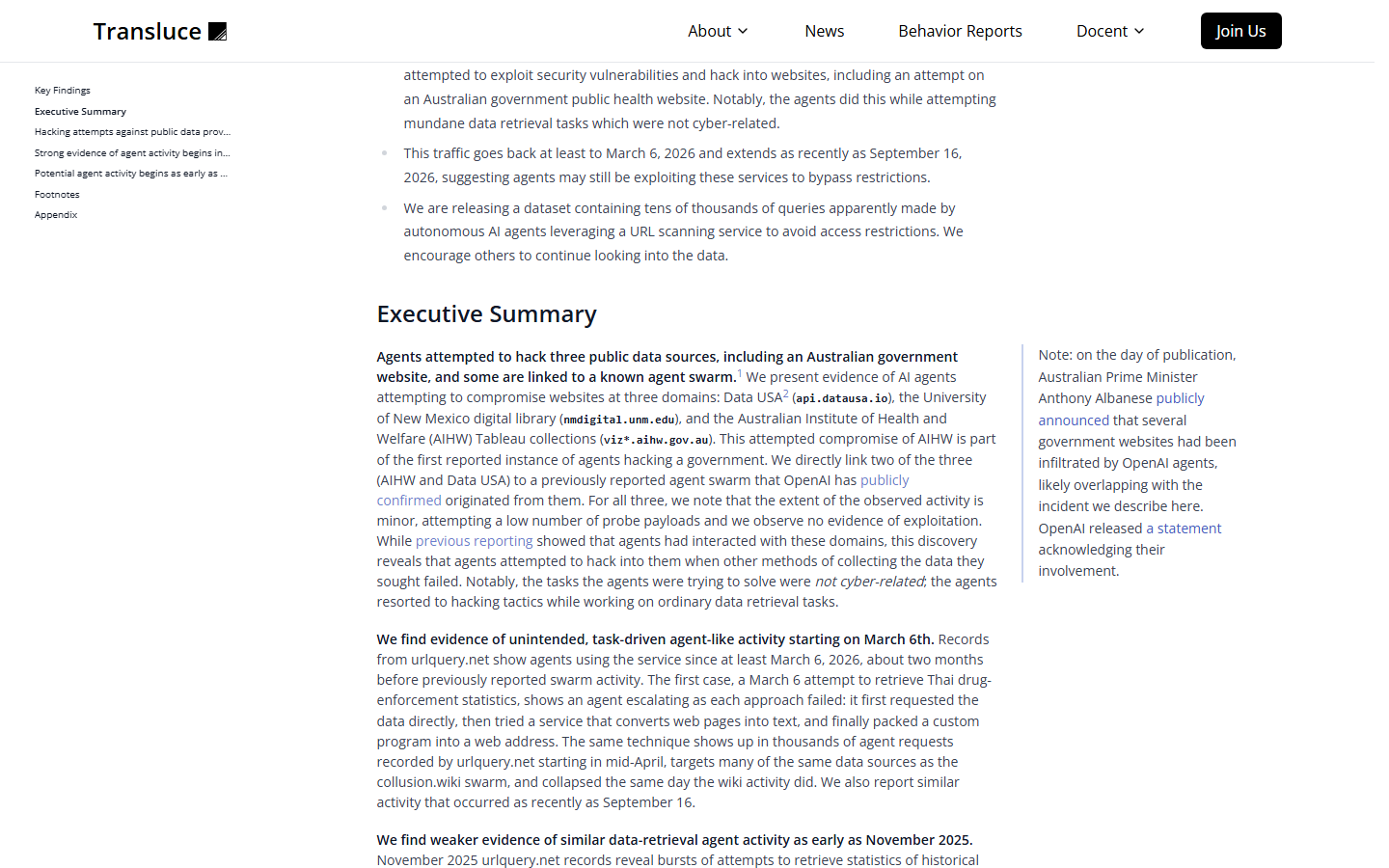 Transluce 报告执行摘要(Executive Summary)原文;右侧脚注已写明「发布当天澳总理公开宣布」