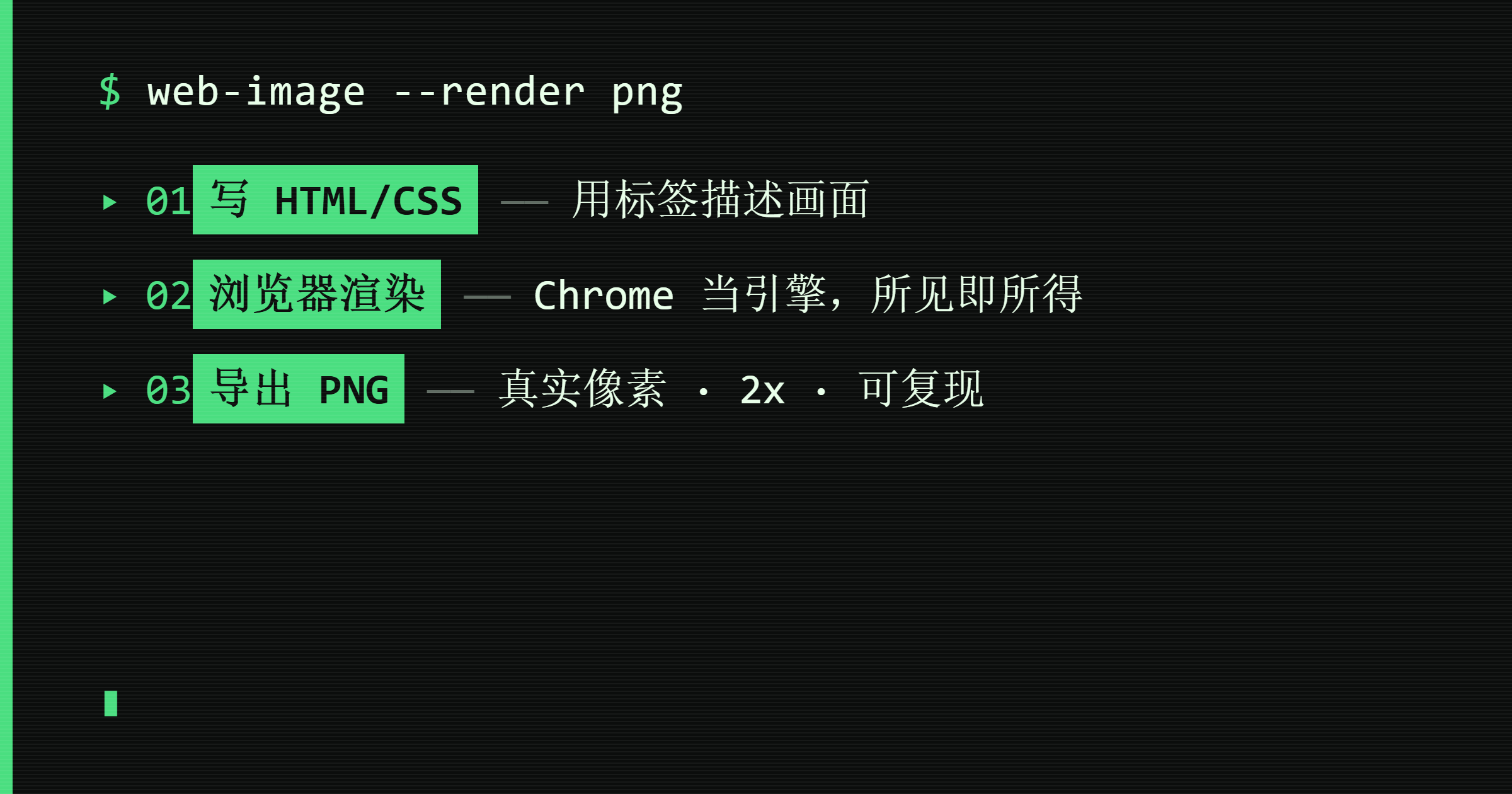 web-image 工作原理:写 HTML/CSS、浏览器渲染、导出 PNG